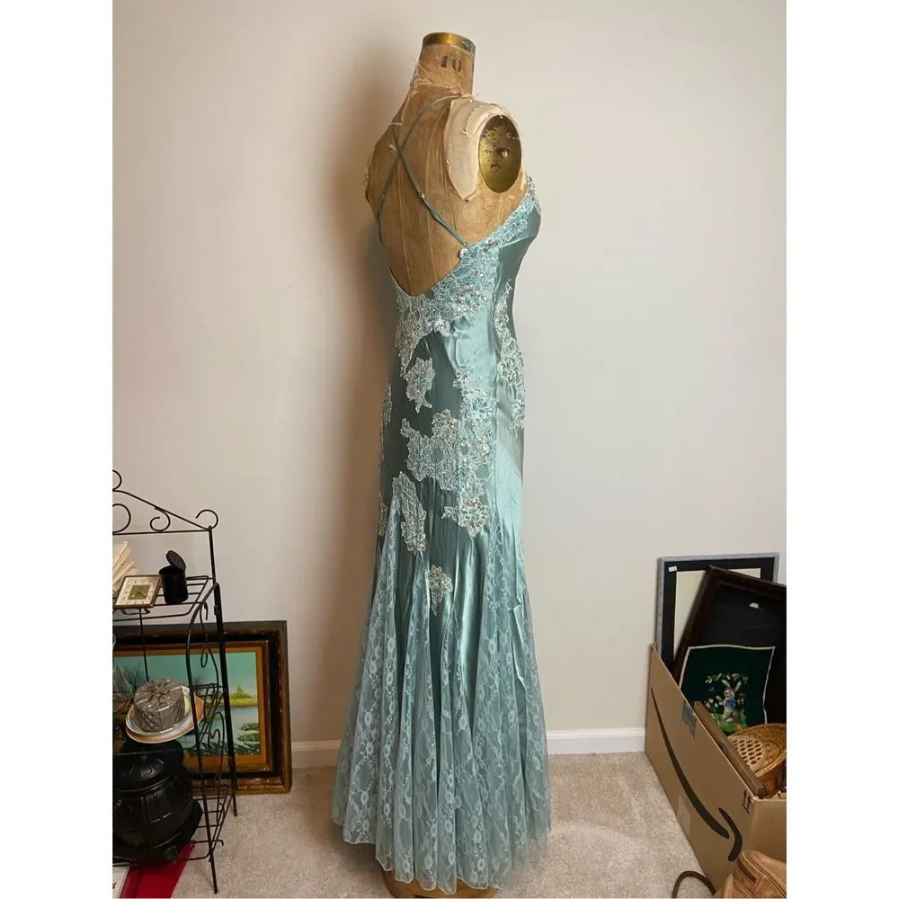 Vintage Cache Silk Gown Beaded Lace Sequin Gemstone Slinky Low Back Dress - SZ 8 - Picture 5 of 12